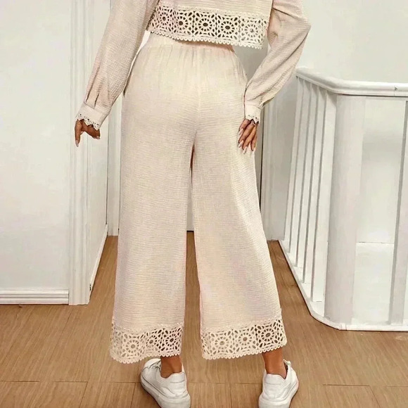 Apricot Casual Women's Fall Lace Splice Long Sleeve Cardigan And Pants - Picture 2 of 6